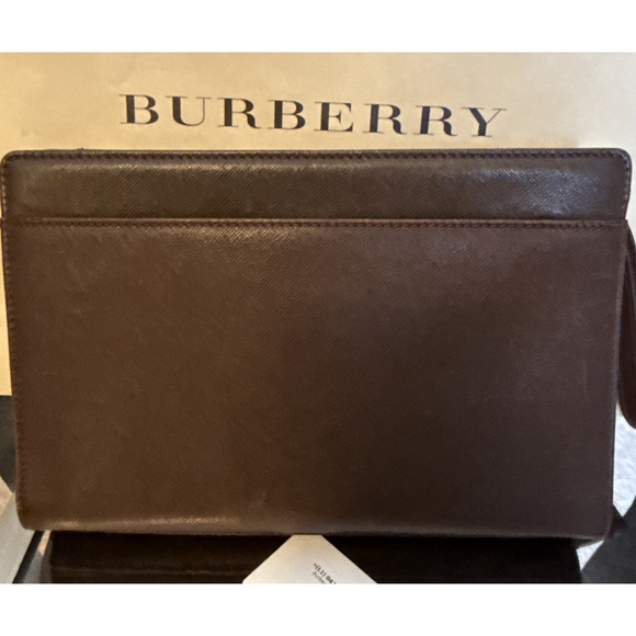 Burberry Logo Plate Saffiano Clutch Wristlet Bag Brown